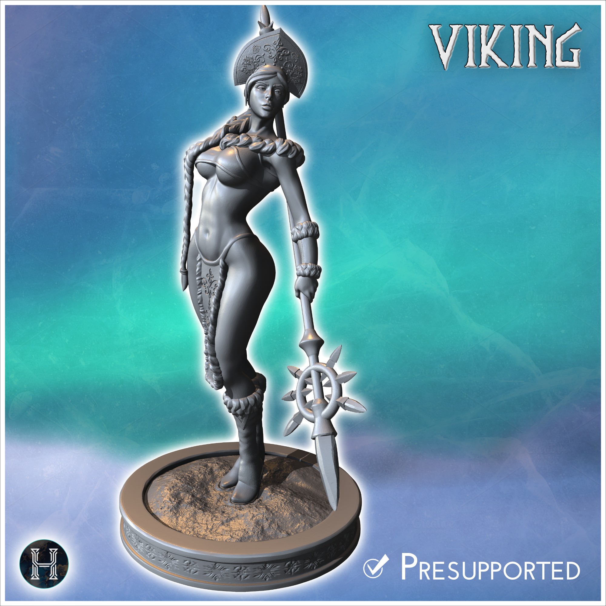 Warrior woman holding a decorated mace and wearing detailed armor with a tall hat (26) - North Northern Norse Nordic Saga 28mm 15mm Medieval Dark Age
